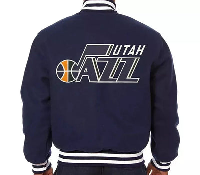 Men Utah Jazz Navy Blue All Wool Letterman Varsity Jacket with Embroidered Logos - NBA