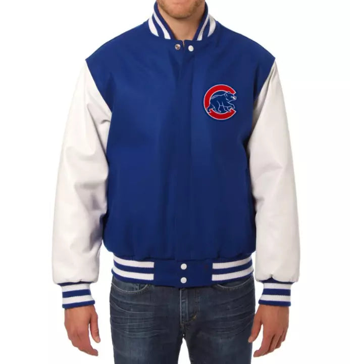 Men Chicago Cubs Letterman Varsity Jacket Blue Wool White Genuine Leather Sleeves - MLB