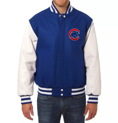 Men Chicago Cubs Letterman Varsity Jacket Blue Wool White Genuine Leather Sleeves - MLB