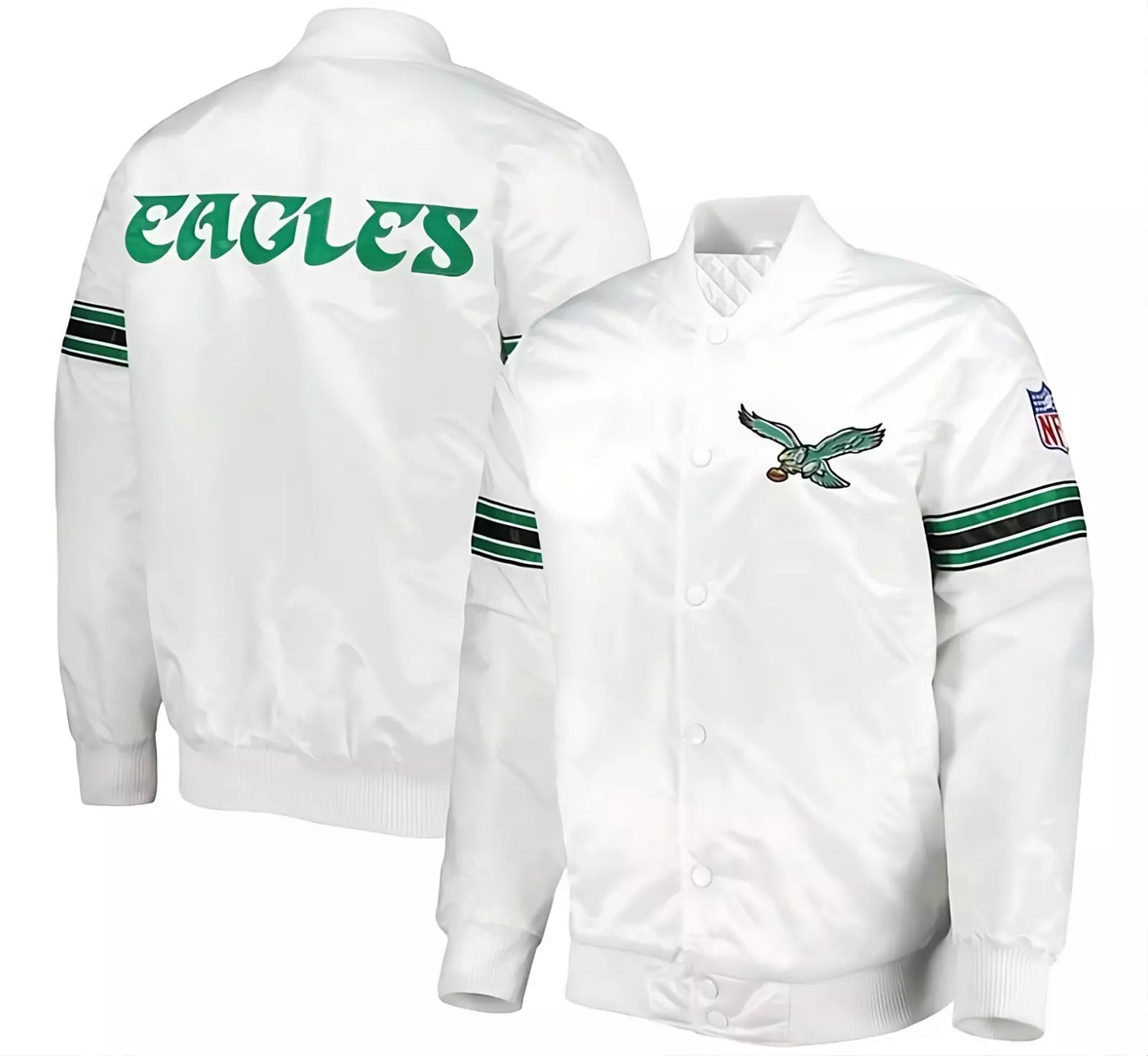 Philadelphia Eagles Full Snap White Satin Varsity Jacket Embroidery logos - NFL