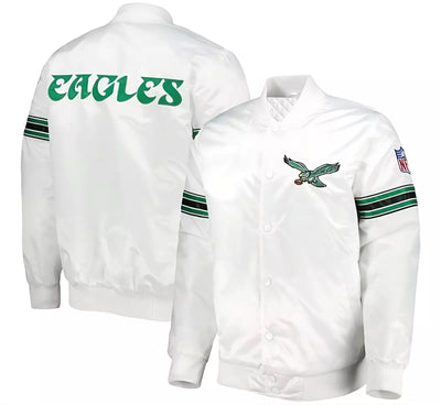 Philadelphia Eagles Full Snap White Satin Varsity Jacket Embroidery logos - NFL