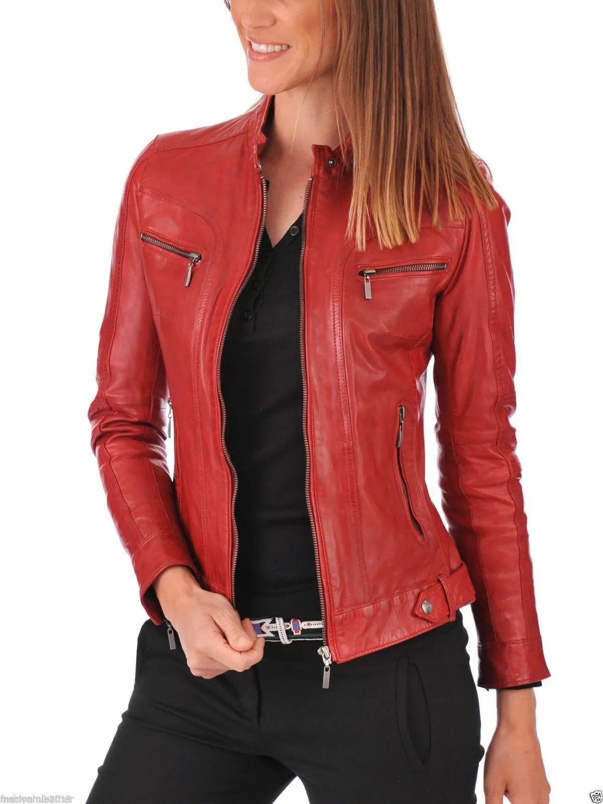 Red Women's Lambskin Soft Real Leather Jacket Motorcycle Slim fit Biker Jacket