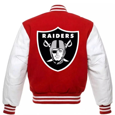 Oakland Las Vegas Raiders Letterman varsity jacket wool body leather sleeves red and white - NFL
