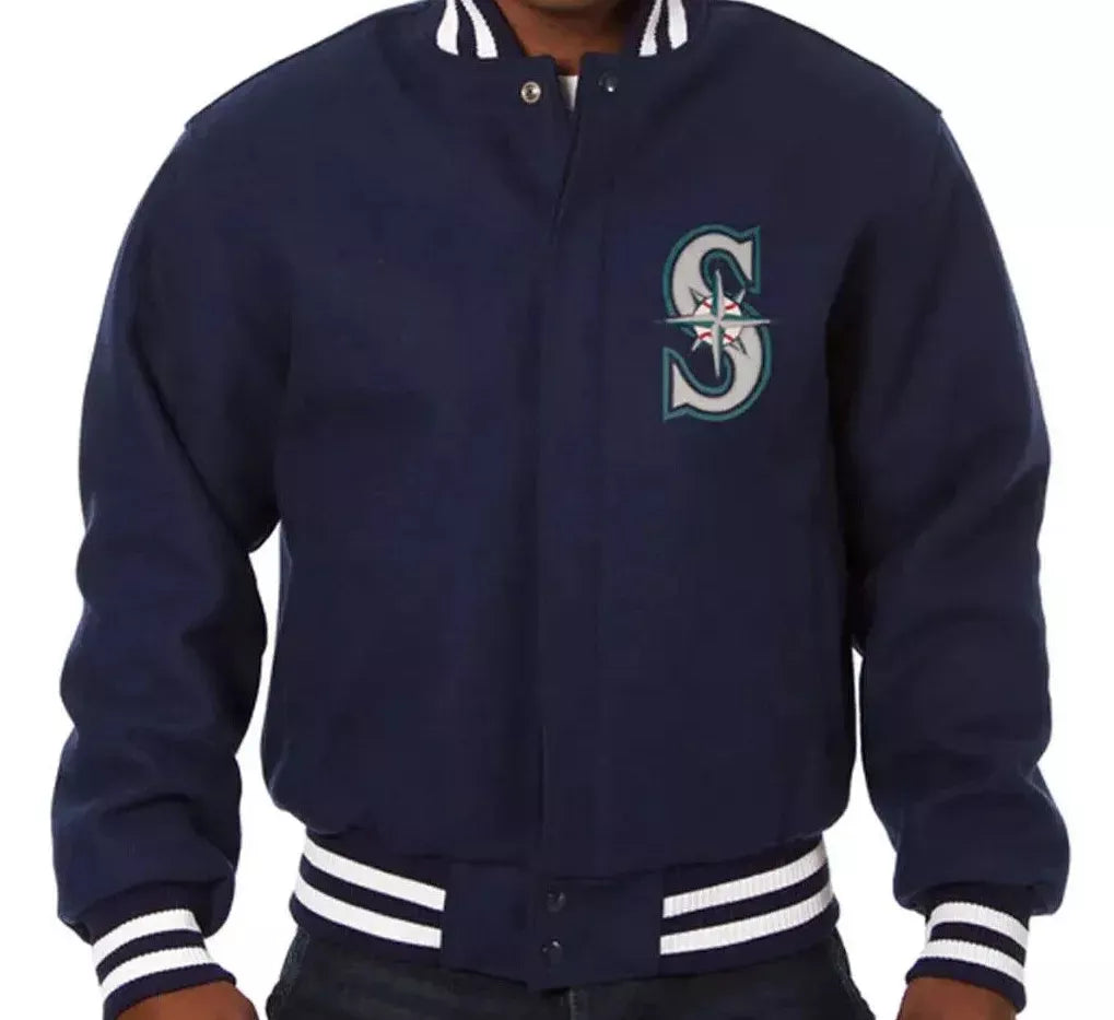 Men Letterman Seattle Mariners Navy Blue All Wool Varsity Jacket - MLB