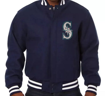 Men Letterman Seattle Mariners Navy Blue All Wool Varsity Jacket - MLB
