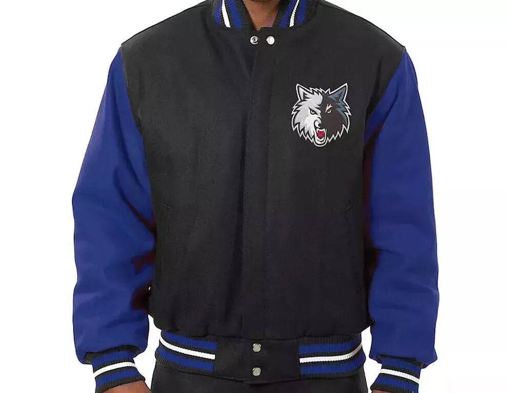 NBA Minnesota Timberwolves Black and Royal Blue-All Wool Varsity Jacket