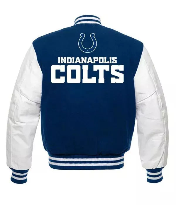 Letterman Indianapolis Colts Varsity Jacket with Genuine leather Sleeves blue and white - NFL