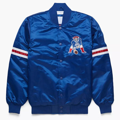 New England Patriots Blue Satin Bomber Varsity Jacket - NFL