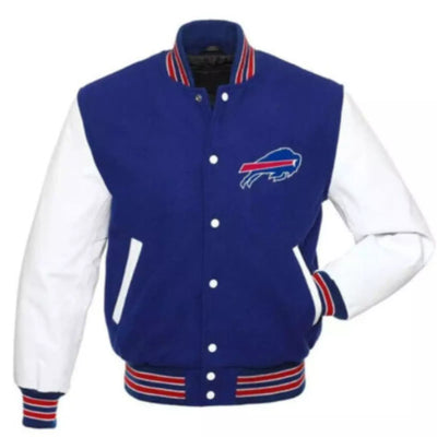 Buffalo Bills Letterman Varsity Jacket - Wool with Leather Sleeves blue and white - NFL