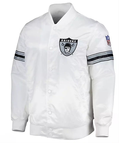 Las Vegas Raiders White Satin Varsity Jacket full-snap Embroidery logos - NFL