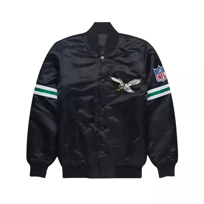 Philadelphia Eagles Black Full Snap Satin Varsity Jacket Embroidery logos black - NFL