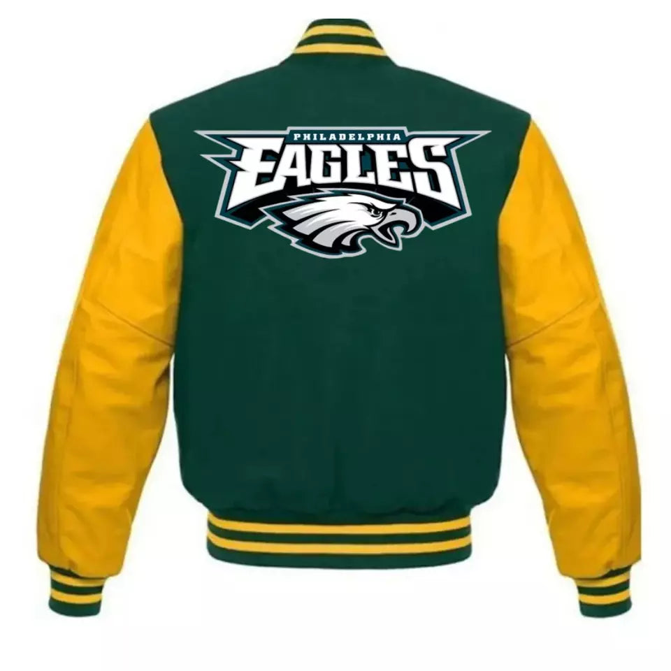 Philadelphia Eagles Green Wool Letterman Varsity Jacket With Real Leather Sleeves -NFL