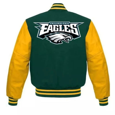 Philadelphia Eagles Green Wool Letterman Varsity Jacket With Real Leather Sleeves -NFL