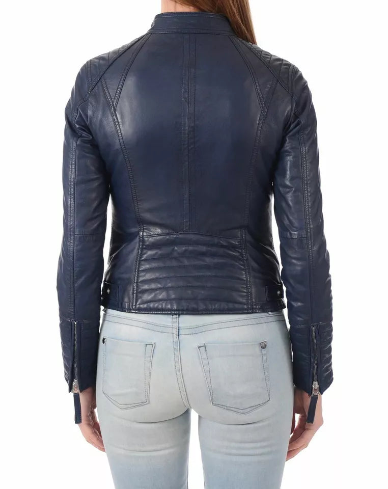 Leather Jacket Women Biker Motorcycle Women Soft Fit Size Real Blue