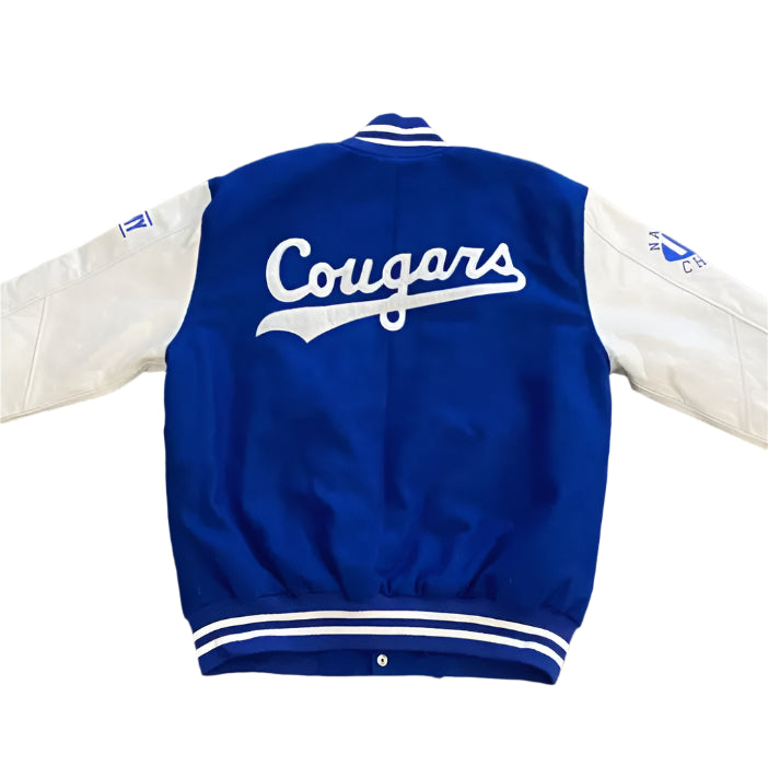 Letterman Cougars Varsity Jacket Wool With Genuine Leather sleeves blue and white - NFL