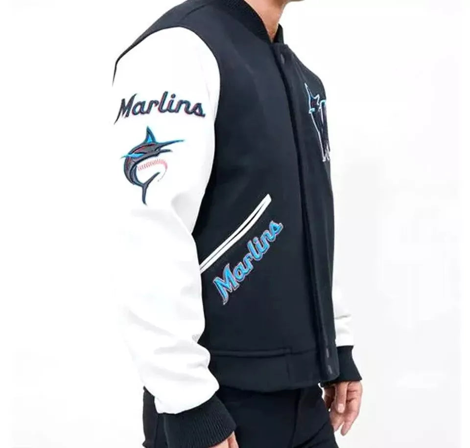 Men Letterman Miami Marlins Navy Blue and White Varsity Jacket - MLB