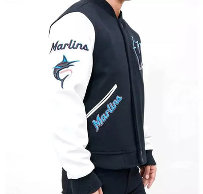 Men Letterman Miami Marlins Navy Blue and White Varsity Jacket - MLB