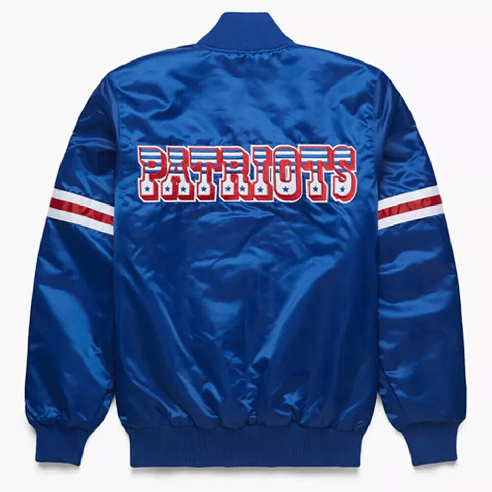 New England Patriots Blue Satin Bomber Varsity Jacket - NFL