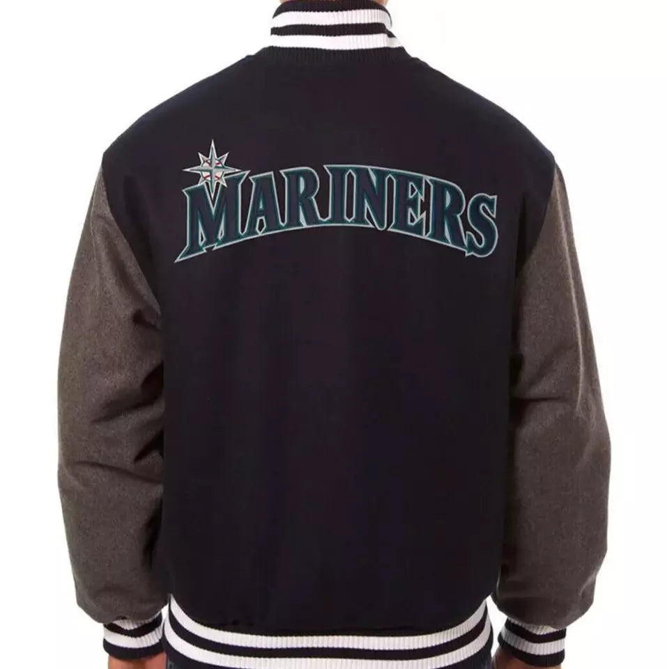 Men Letterman Seattle Mariners Two Tone Navy and Grey Wool Varsity Jacket - MLB