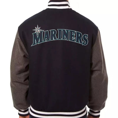 Men Letterman Seattle Mariners Two Tone Navy and Grey Wool Varsity Jacket - MLB