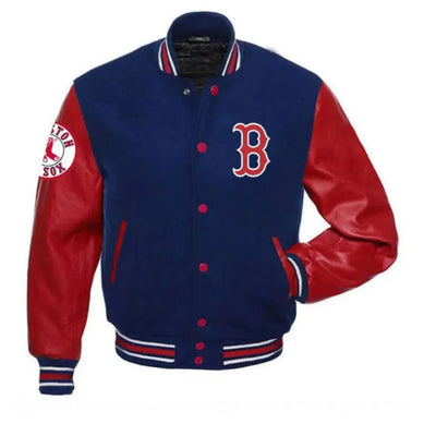Men Boston Red Sox Red and Blue Letterman Varsity Jacket with Leather Sleeves - MLB