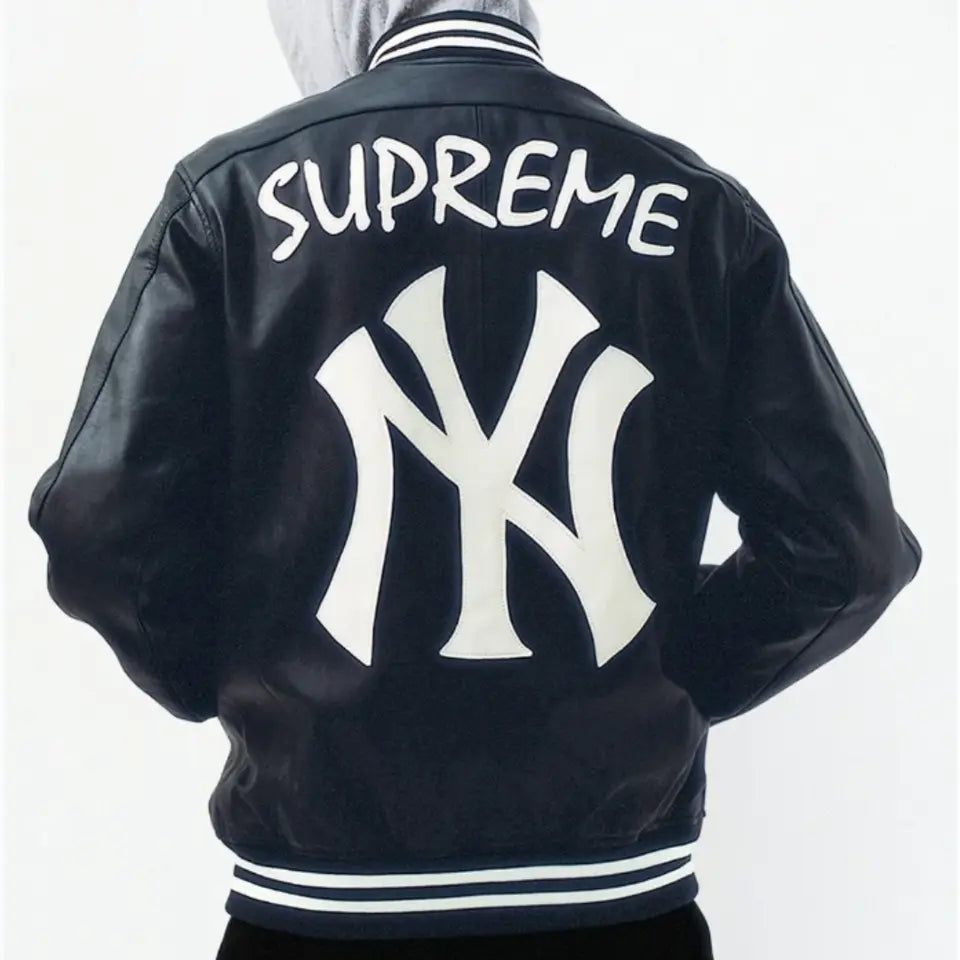 Men NY Yankees Black Letterman Varsity Leather Jacket - MLB