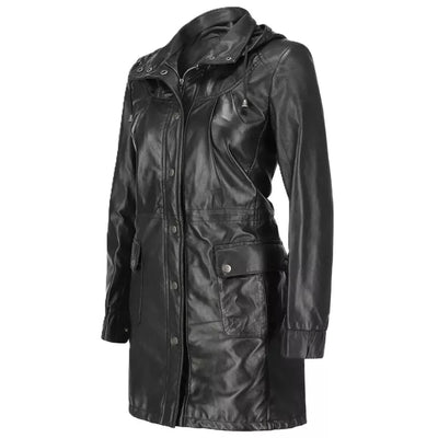 Women's Black 100% Geniune Lambskin Leather Party Wear Trench Coat Hoodie Jacket