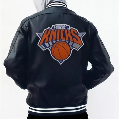 Men Letterman New York Knicks Black & Red Genuine Sheep Leather Varsity Jacket - NBA
