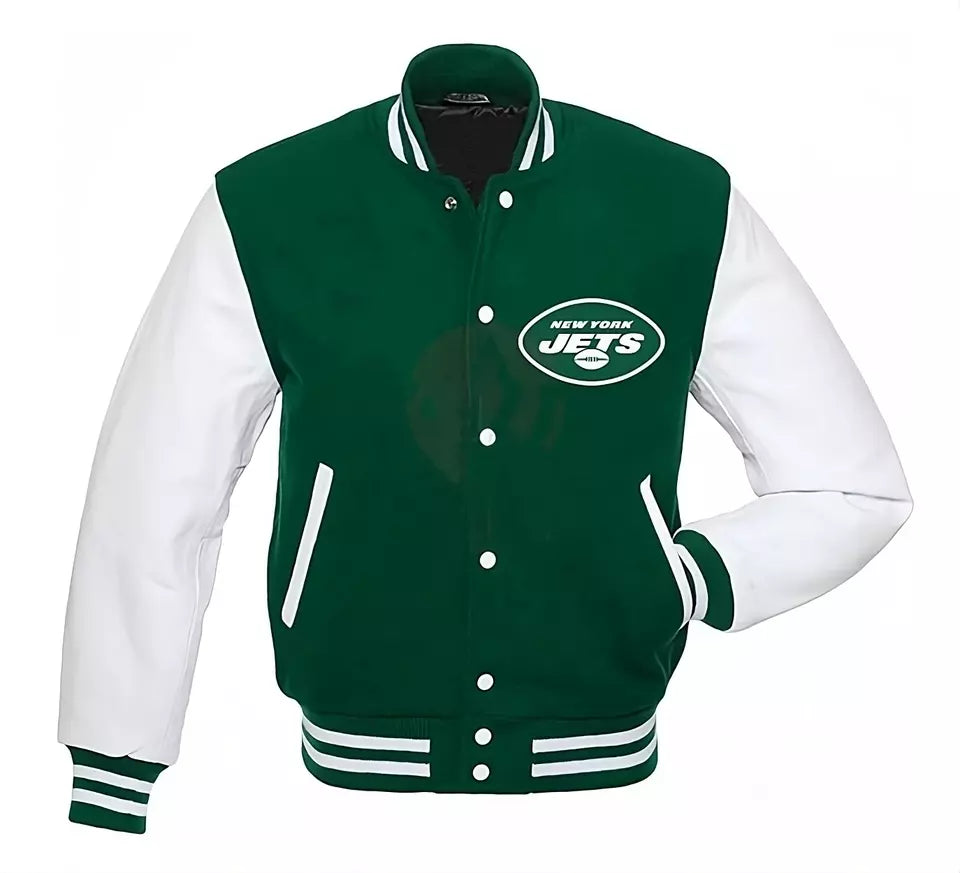 New York NY JETS Letterman Varsity Jacket Wool with Genuine Leather Sleeves green and white - NFL