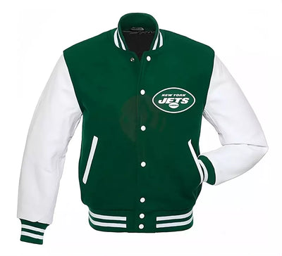 New York NY JETS Letterman Varsity Jacket Wool with Genuine Leather Sleeves green and white - NFL