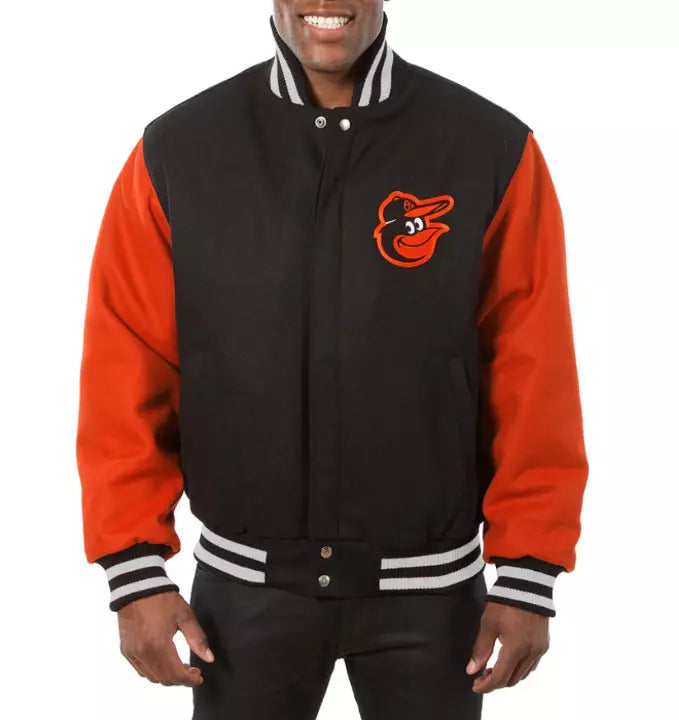 Men Baltimore Orioles Black Letterman Varsity Jacket Wool Orange Real Leather Sleeves - MLB