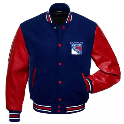 NY Rangers Lettermen Varsity Jacket Wool & Genuine Leather Sleeves  blue and red - NHL