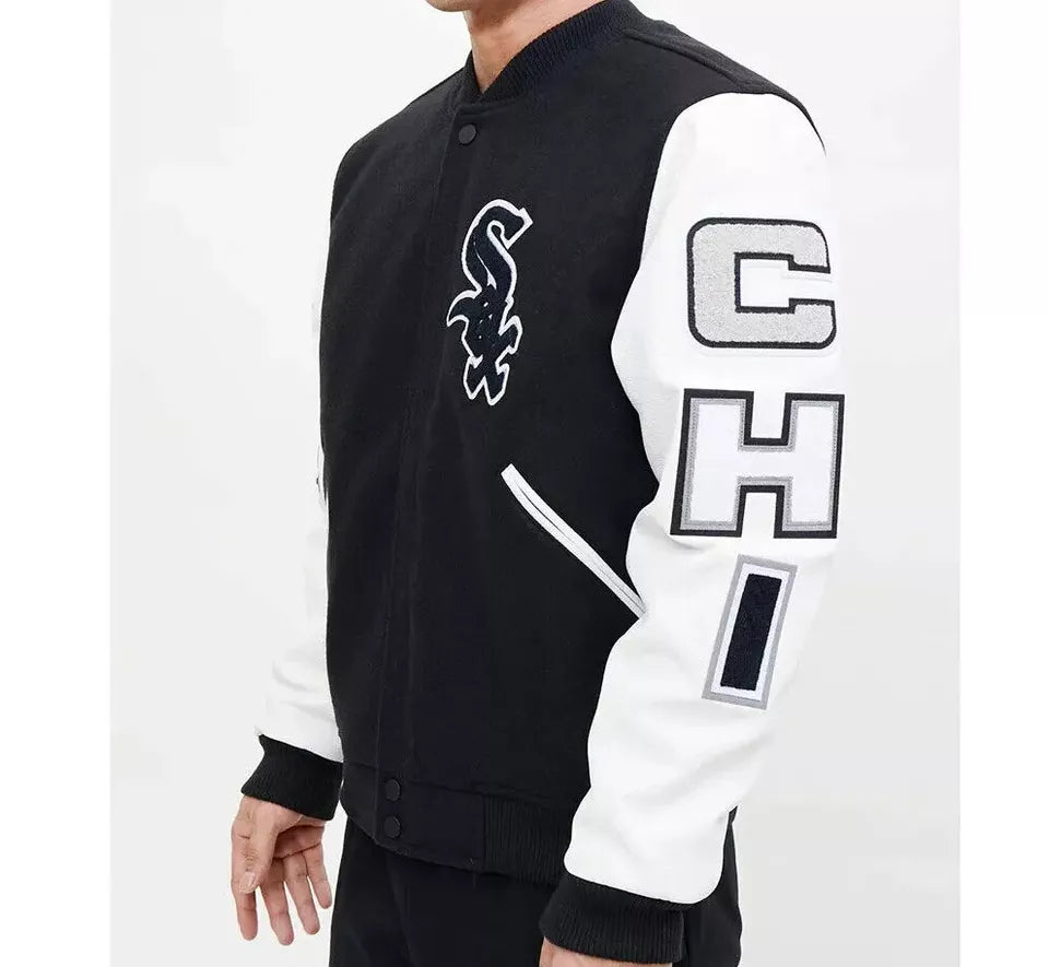 Men Letterman Chicago White Sox Black and White Heavy Varsity Jacket - MLB