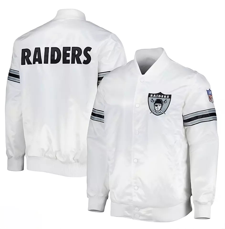 Las Vegas Raiders White Satin Varsity Jacket full-snap Embroidery logos - NFL