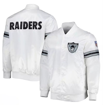 Las Vegas Raiders White Satin Varsity Jacket full-snap Embroidery logos - NFL