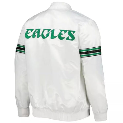 Philadelphia Eagles Full Snap White Satin Varsity Jacket Embroidery logos - NFL