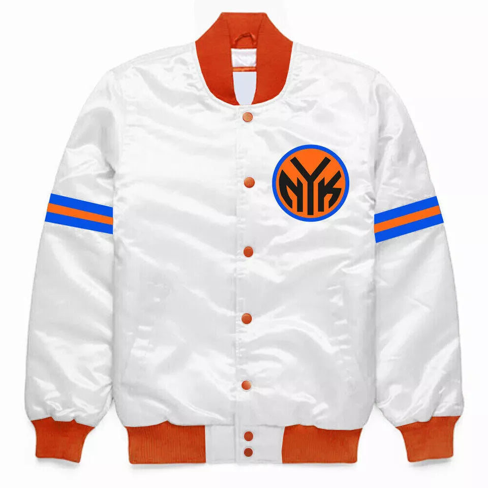 New York Knicks White Satin College Bomber Varsity Jacket - NBA