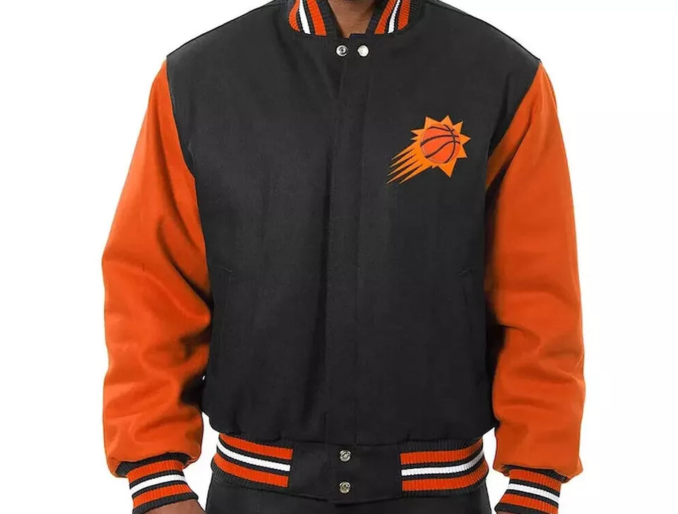 Men Letterman Phoenix Suns Black and Orange-All Wool Varsity Jacket - NBA