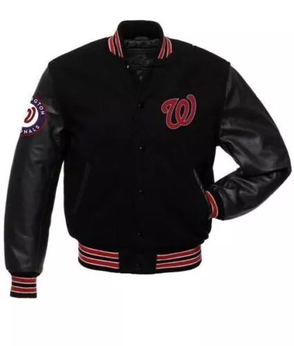 Men Letterman Washington Nationals Black Varsity Jacket - MLB