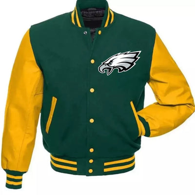 Philadelphia Eagles Green Wool Letterman Varsity Jacket With Real Leather Sleeves -NFL