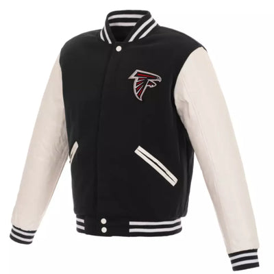 Atlanta Falcons Letterman Varsity Jacket Wool with Genuine Leather sleeves black and white - NFL