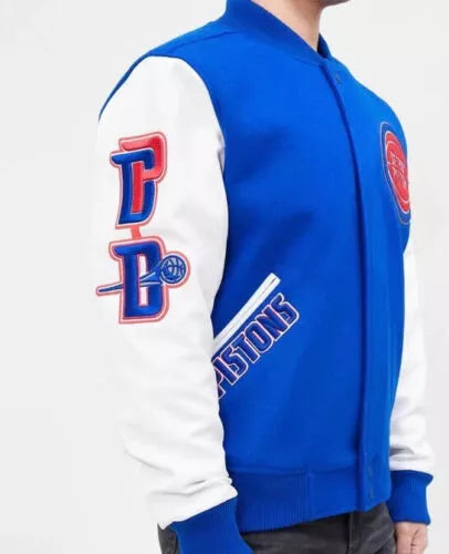 Men Letterman Detroit Pistons Blue and White Varsity Jacket - NBA