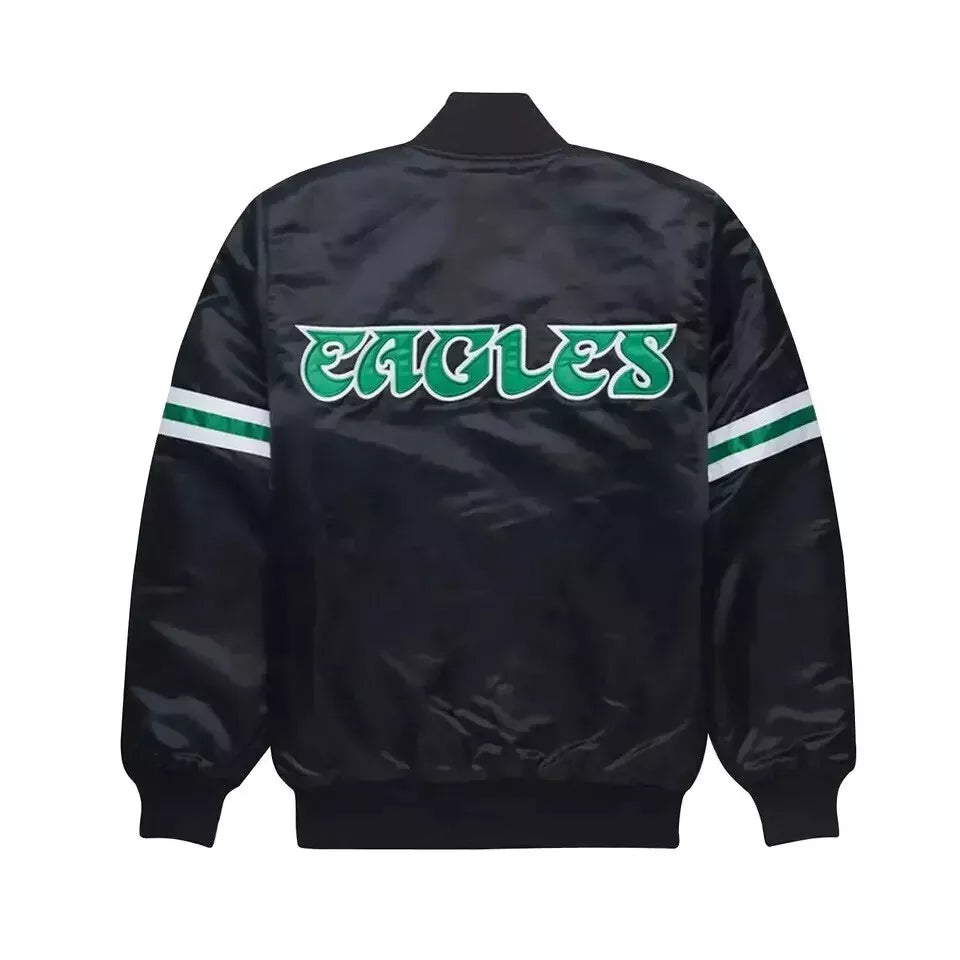 Philadelphia Eagles Black Full Snap Satin Varsity Jacket Embroidery logos black - NFL