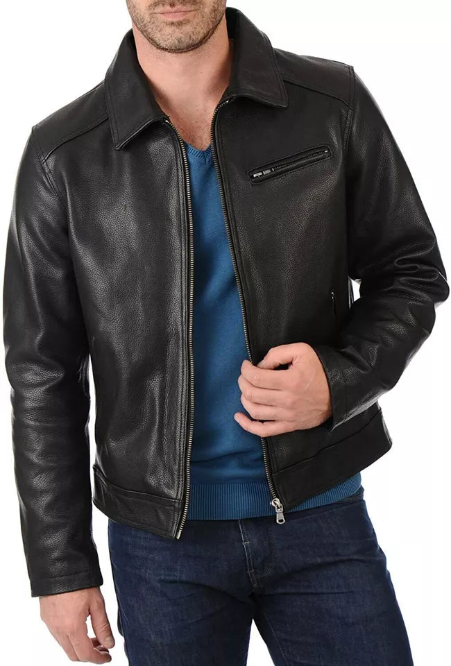 Men's Leather Jacket Cafe Racer Biker Black Motocycle Real Sheepskin Leather