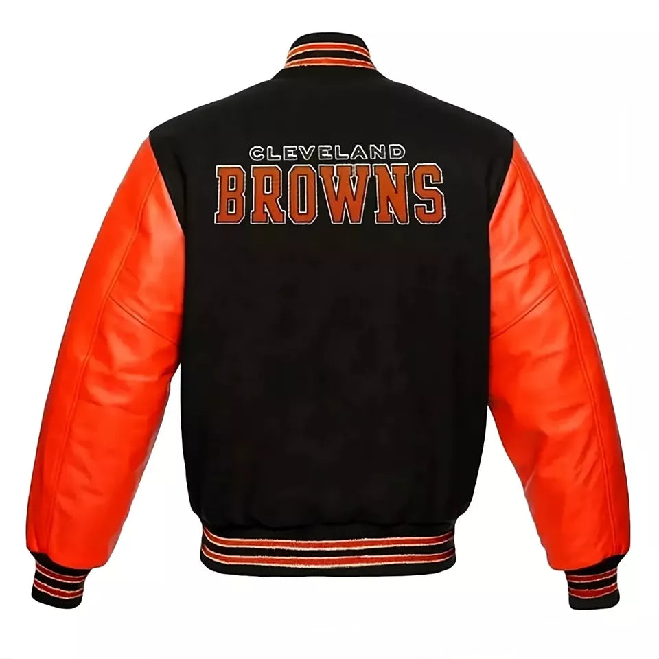 Letterman Cleveland Browns Black Wool Varsity Jacket With Orange Leather Sleeves - NFL