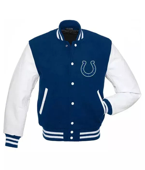 Letterman Indianapolis Colts Varsity Jacket with Genuine leather Sleeves blue and white - NFL