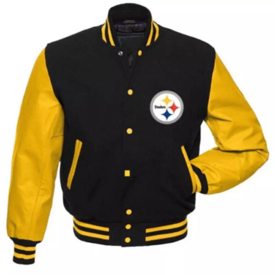 NFL Pittsburgh Steelers Letterman Varsity Jacket Wool with Real Leather Sleeves