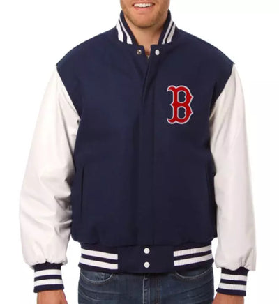 Men Boston Red Sox Navy Letterman Varsity Jacket Wool White Genuine with Leather Sleeves- MLB