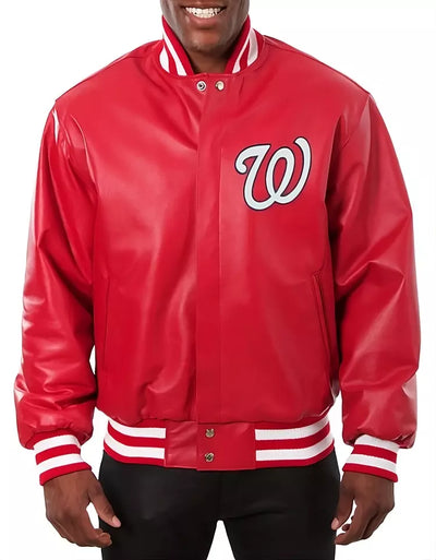 Men Washington Nationals Letterman Varsity Jacket Red Genuine Leather - MLB