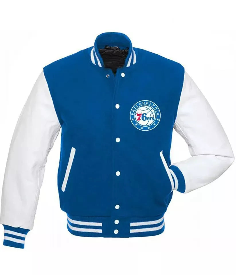 Men Letterman Philadelphia 76ers Wool with Genuine Leather sleeves Varsity Jacket blue & white NBA
